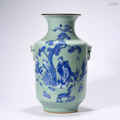 A Celadon-glazed Blue and White Fu&shou Double-eared Vase