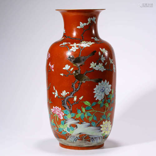 A Coral-red-ground Famille-rose Plum Blossom Vase