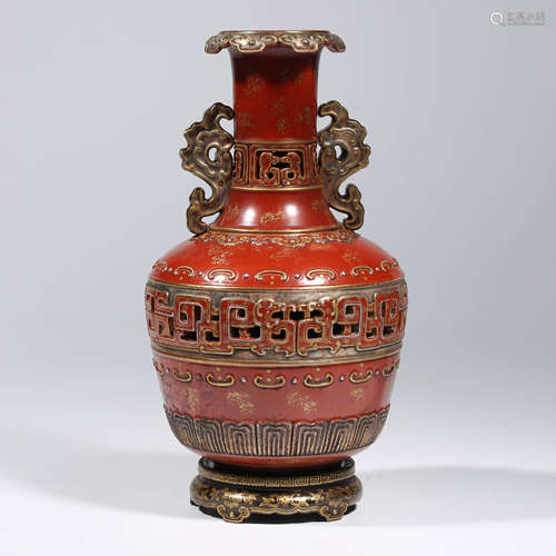 A Gilt-inlaid Coral-red-ground Famille-rose Vase