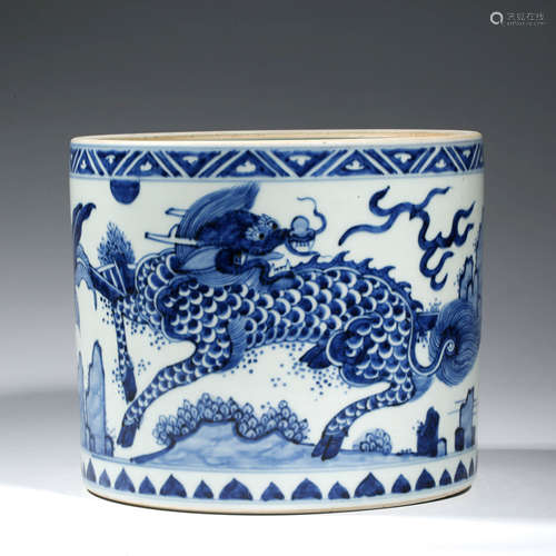 A Blue and White Kylin Brush pot