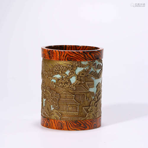 An Imitated Wood-grain Landscape Brush Pot