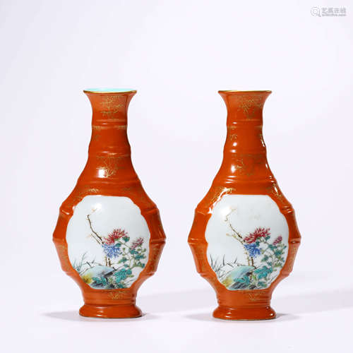 A Pair of Coral-red Ground Peony Inscribed Vase