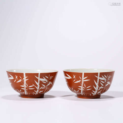 A Pair of Coral-red Ground Bamboo Bowl