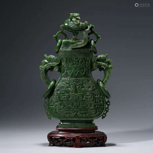 Green Jade Carved TAOTIE pattern Double-eared Vase