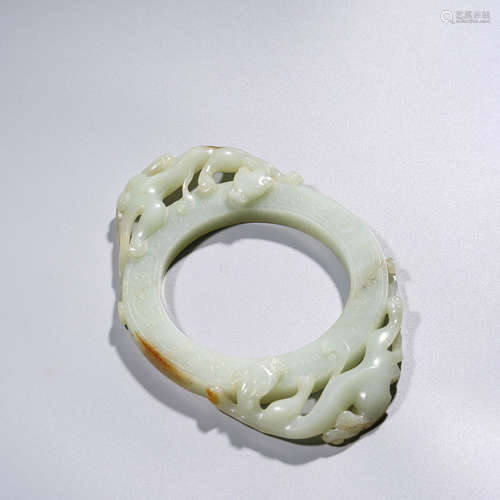 A White Jade Double Dragon  Circular Pendant