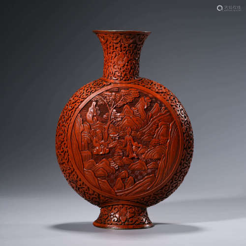 A Carved Lacquerware Landscape&Figure Moonflask