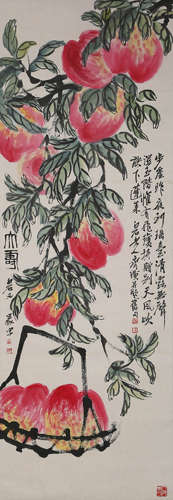 A Chinese Peaches Painting Scroll, Qi Baishi Mark