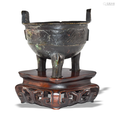Chinese Bronze Ding with Stand, Ming or Earlier