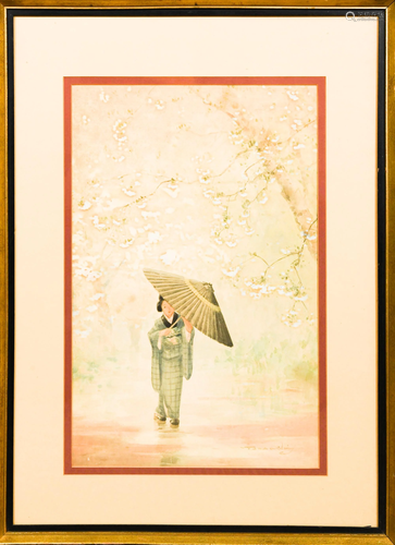 Japanese Watercolor of Woman with Parasol