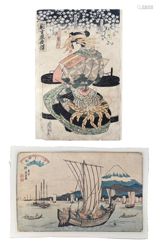 2 Japanese Woodblocks by Keisai Eisen, Edo