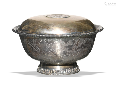 Tibetan Style Silver Bowl with Lid, 19th Century