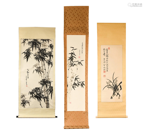 Two Asian Paintings of Bamboo and one of Orchids