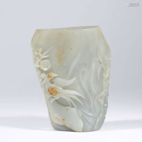 A White Jade Carved Plum Blossom Brush Pot