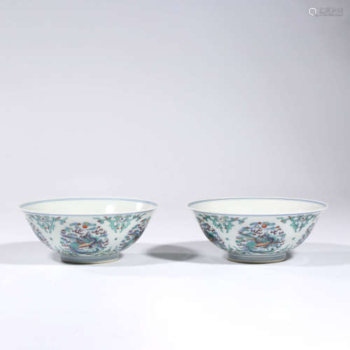 A Pair of Doucai Phoenix Porcelain Bowls