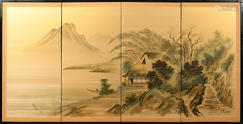 Chinese Painted Silk 4 Panel Wall Screen