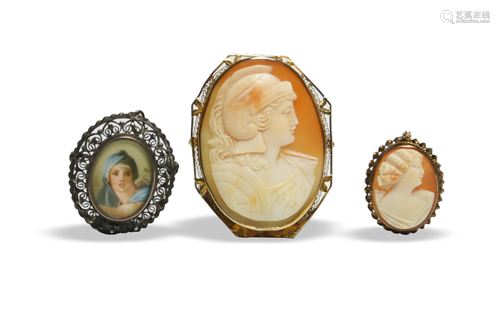 3 Gold and Coin Silver Cameo Brooches / Pendants