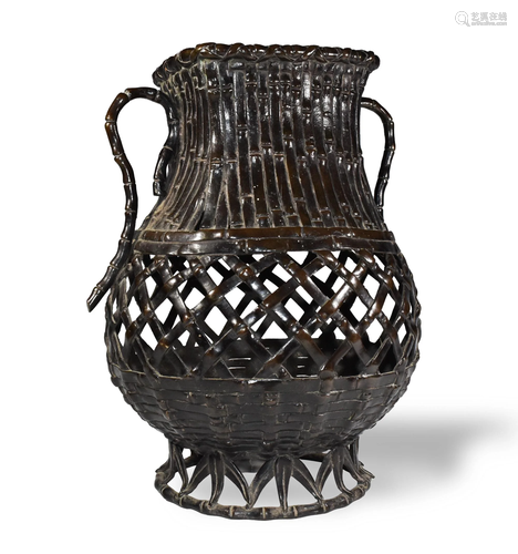 Large Japanese Woven Bronze Ikebana Vase