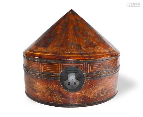Chinese Gilt Leather Hat Box, Late Qing Dynasty