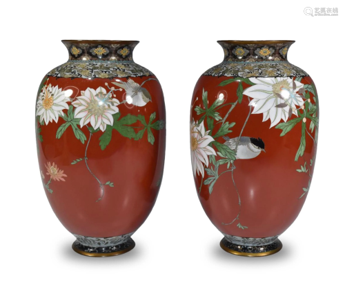 Pair of Japanese Red Ground Cloisonne Vases
