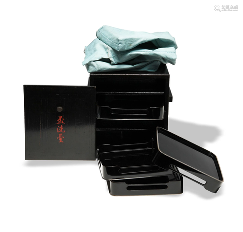 Japanese Silver Trimmed Lacquer Trays in Box