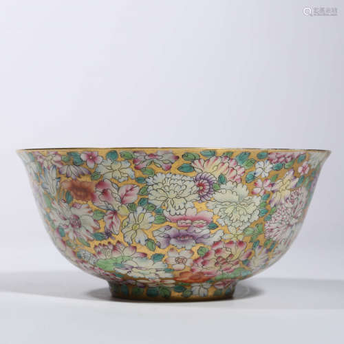 A Gold-ground Famille Rose Floral Bowl