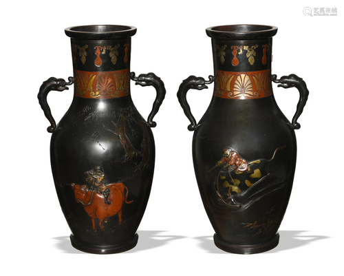 Pair of Japanese Mixed Metal Bronze Vases, Meiji