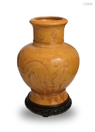 Chinese Yellow Glazed Carved Porcelain Vase, 19th