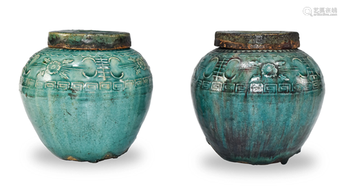 Pair of Green Glazed Lidded Jars, 19th Century