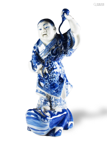 Chinese Blue and White Porcelain Statue of Liu Hai