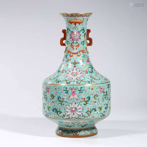 A Turquoise-ground Famille Rose Interlocking Lotus Vase