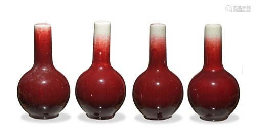 4 Chinese Red Vases with Jing De Zhen Zhi, Mid-20th