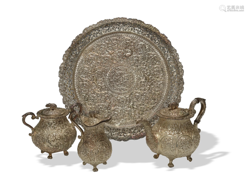 Fine Indian Silver Tea Set with Parcel Gilt Tray