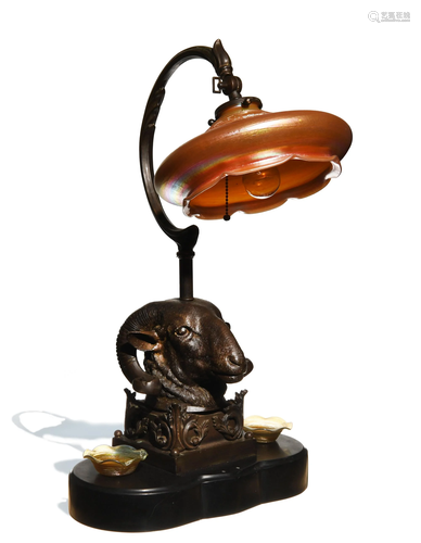 Bronze Ram Lamp with Loetz Glass Shade