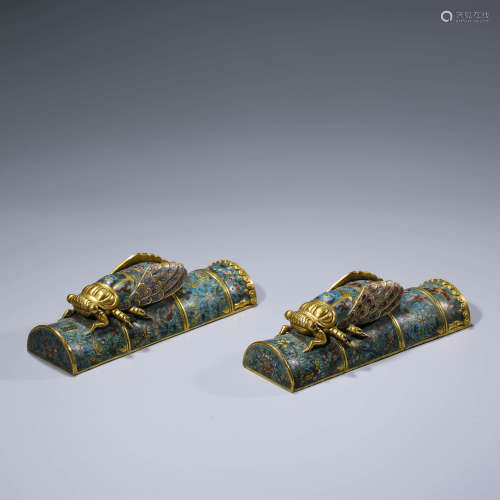 A Pair of Gild-bronze Cloisonne Cicada Paperweights