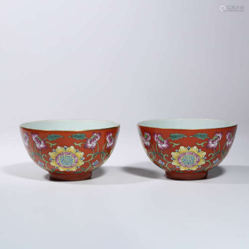 A Pair of Yangcai Coral-red Character ‘Shou' Bowls