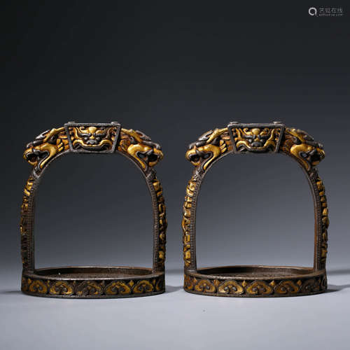 A Pair of Gilt-iron Dragon-form Stirrups