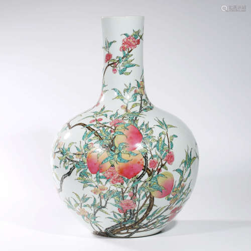 A Famille Rose Peaches Tianqiu Vase