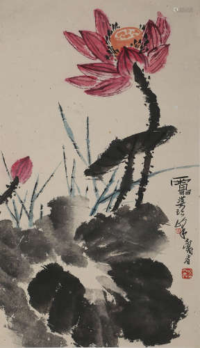 A Chinese Flowers Painting Scroll, Pan Tianshou Mark