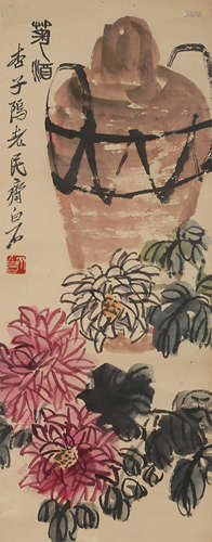 A Chinese Flowers Painting Scroll, Qi Baishi Mark