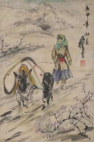 A Chinese Figure Painting Scroll, Huang Zhou Mark