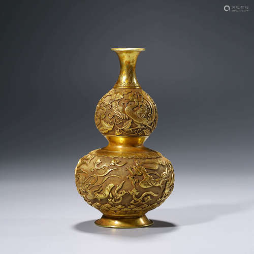 A Gilt-bronze Carved Gourd-shaped Vase