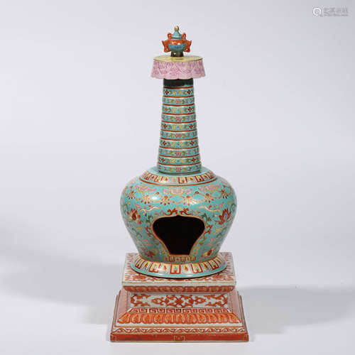 A Famille Rose Interlocking Flowers Porcelain Pagoda