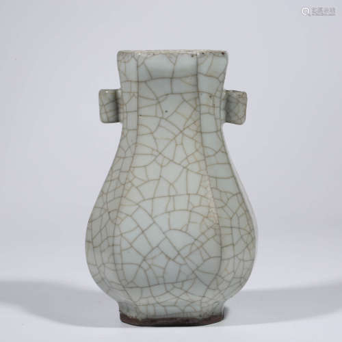 A Guan-type Pierced-handle Hexagonal Porcelain Vase