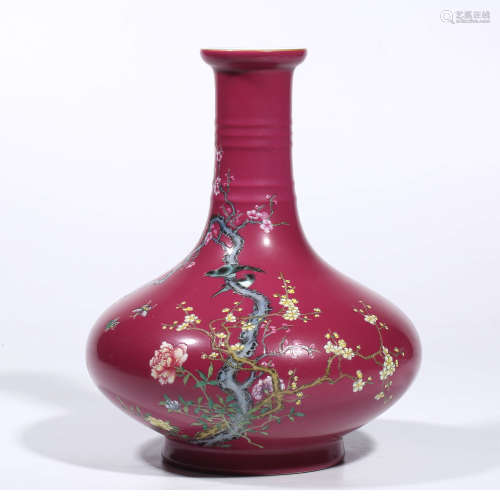 A Rouge-red Magpie Bottle Porcelain Vase