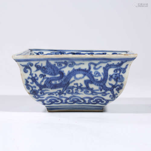 A Blue and White Clouds&Dragon Square Bowl