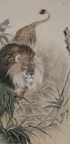 A Chinese Lion Painting Scroll, Liu Jiyou Mark