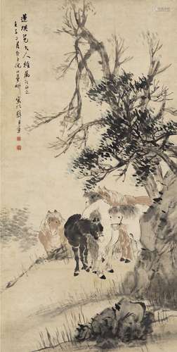 倪田（1855～1919） 1912年作 牧马图 立轴 设色纸本