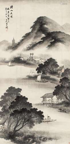 吴石仙（1845～1916） 1903年作 溪山遇雨图 立轴 设色纸本