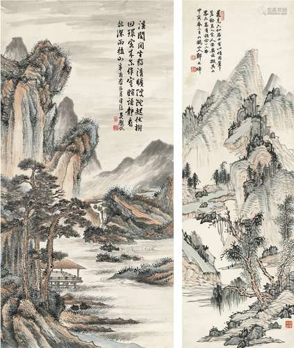 郑文焯（1856～1918）吴观岱（1862～1929） 拟古山水·秋山图 立轴·镜片...