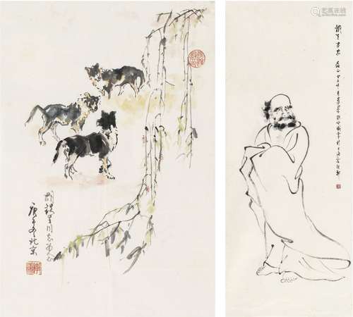 李善毅（现代）孙仲威（1917～？） 为胡铁生作 达摩图·三犬图 （二帧） 画...